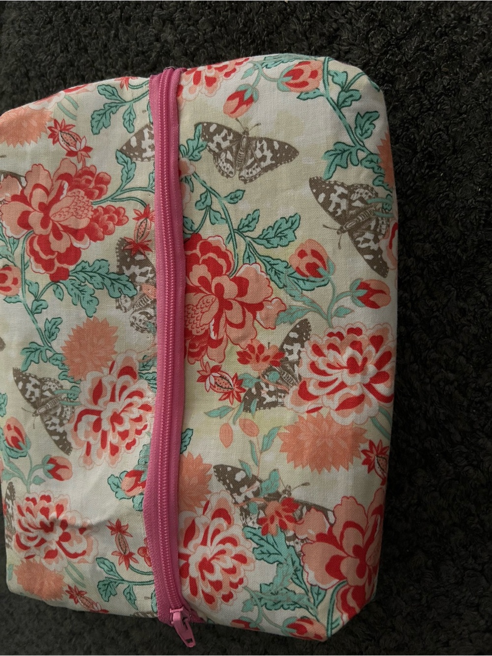 Handcrafted Floral Butterfly Zipper Pouch in Pink and Coral